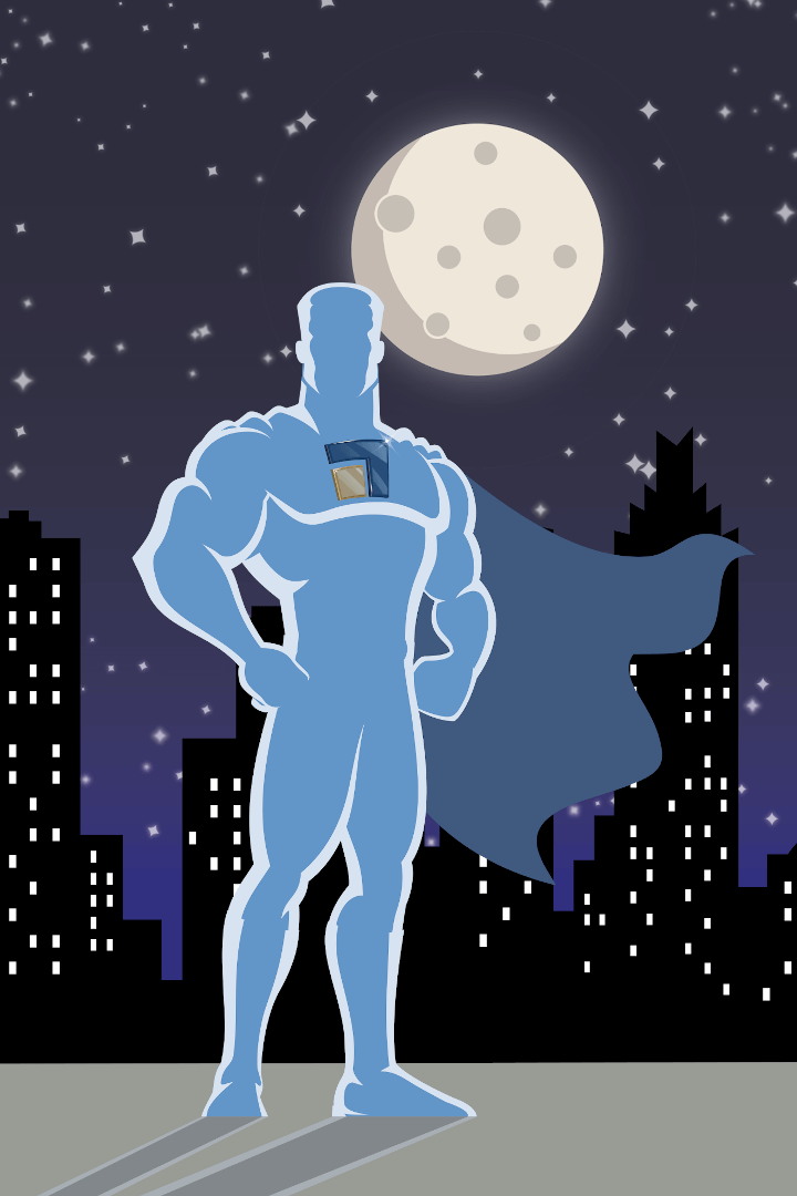 Cornerstone superhero in front of cityscape at night