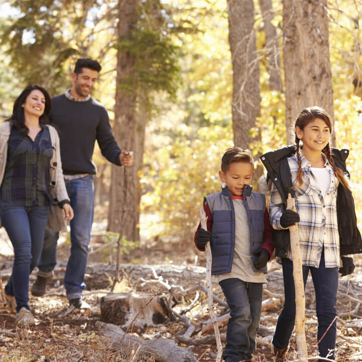 Hispanic family hiking in forest