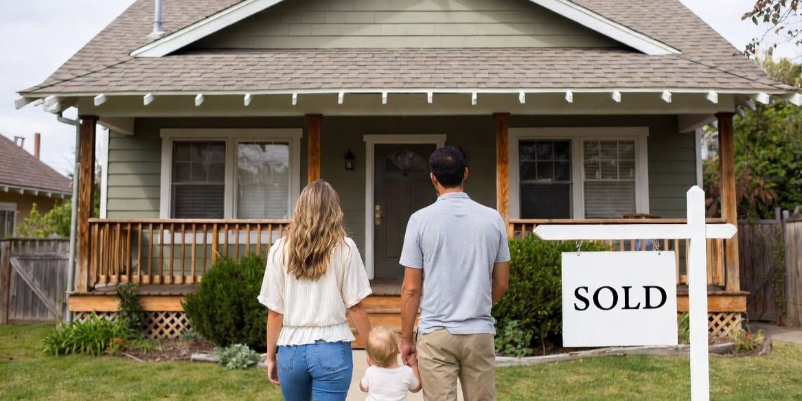 young family looking at modest craftsman home with sold sign in the yard