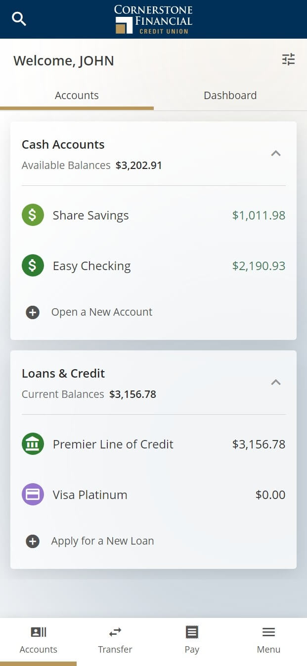 screenshot of updated digital banking dashboard
