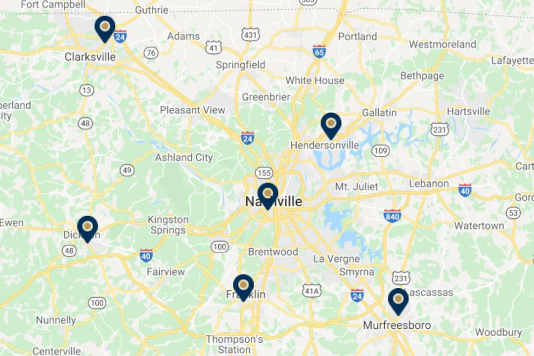Middle Tennessee map showing six CFCU branch locations