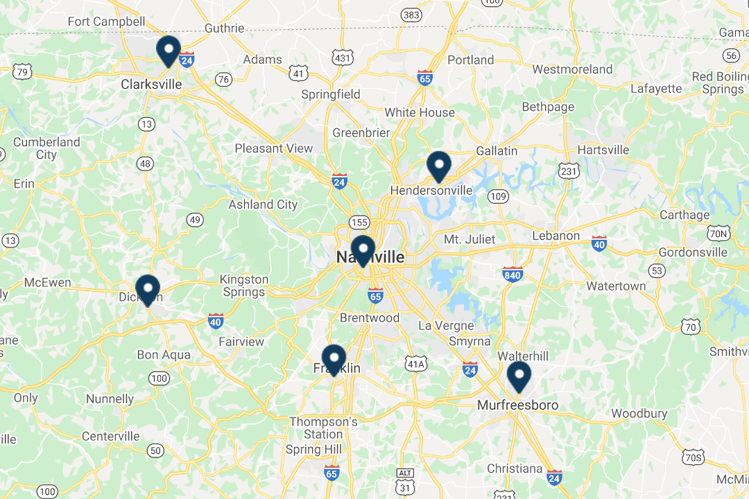 Middle Tennessee map showing six branch locations